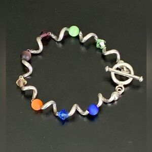 Vintage 925 Sterling sSilver Twisted Multicolor Cat Eye Bead Bracelet 7.1/2”